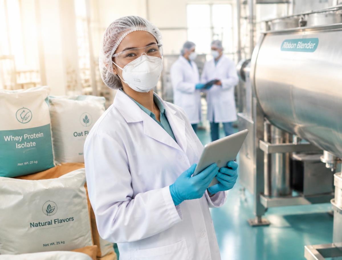 Smiling ingredients & dry mixes team member in full protective clothing using a tablet on the production floor