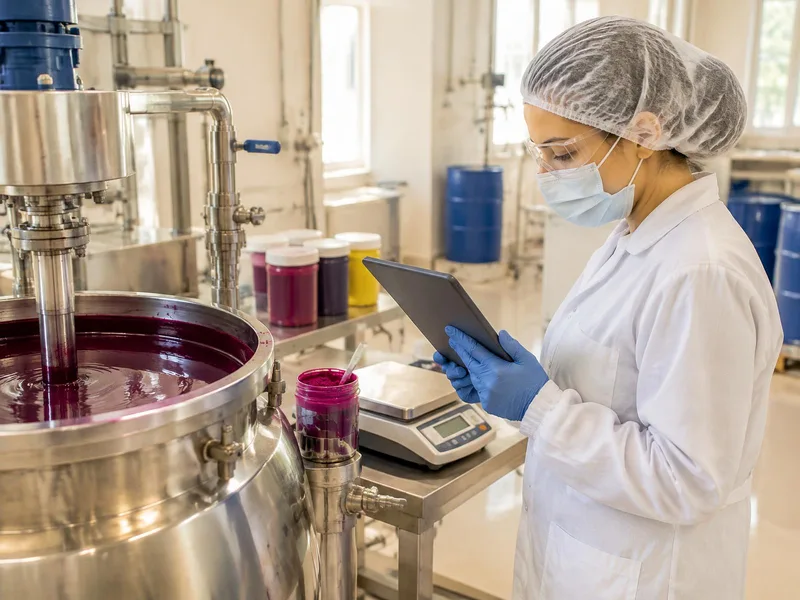 Ink technician in hair/beard covering, safety glasses, suitable gloves, protective clothing and footwear, with respiratory PPE as required, using a tablet beside an ink mixer and scale