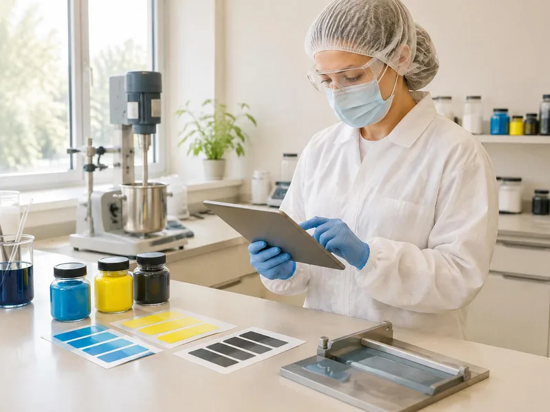 Laboratory analyst in hair/beard covering, safety glasses, suitable gloves, protective clothing and footwear, with respiratory PPE as required, recording drawdown and grind-gauge results on a tablet