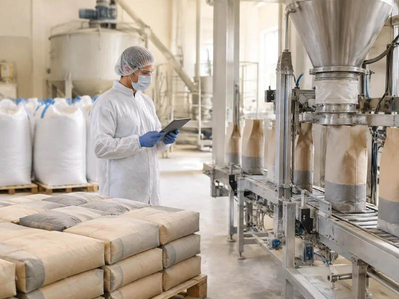 Operator in hair/beard covering, safety glasses, suitable gloves, protective clothing and footwear, with respiratory PPE as required, using a tablet beside a dry mortar bagger