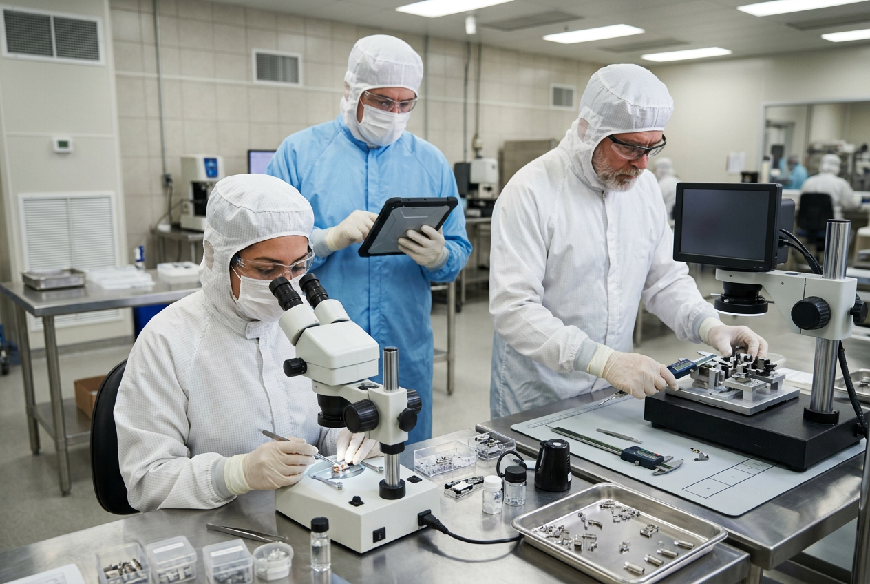 Metrology technician using a coordinate measuring machine (CMM) to measure a machined titanium implant in a medical device inspection lab