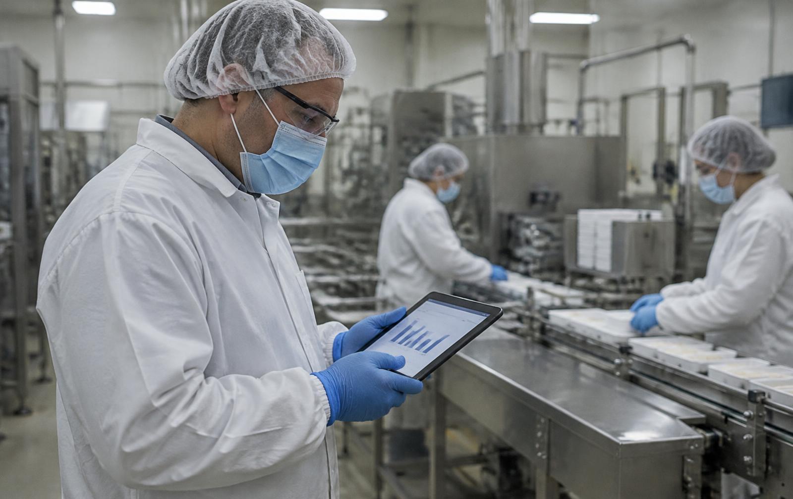Production supervisor in full protective clothing checking a dashboard on a tablet beside a packing line