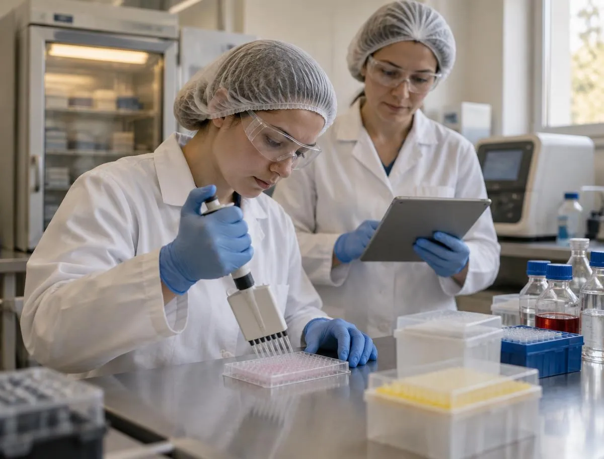 Two laboratory analysts in lab coats, safety glasses, hair covers and gloves at a stainless bench, one using a multichannel pipette into a microtitre plate while the other reads a tablet, with an incubator and reagent bottles behind