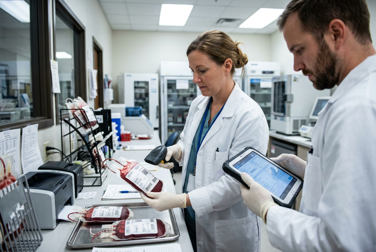 Gloved hands applying an ISBT 128 barcode label to a red blood cell unit at a labelling station with a thermal transfer printer