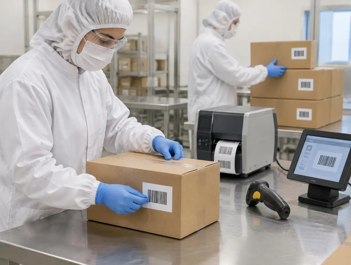 Operator in hood, mask, safety glasses, coat and gloves applying a printed barcode label to a sealed case beside a label printer, scanner and touchscreen