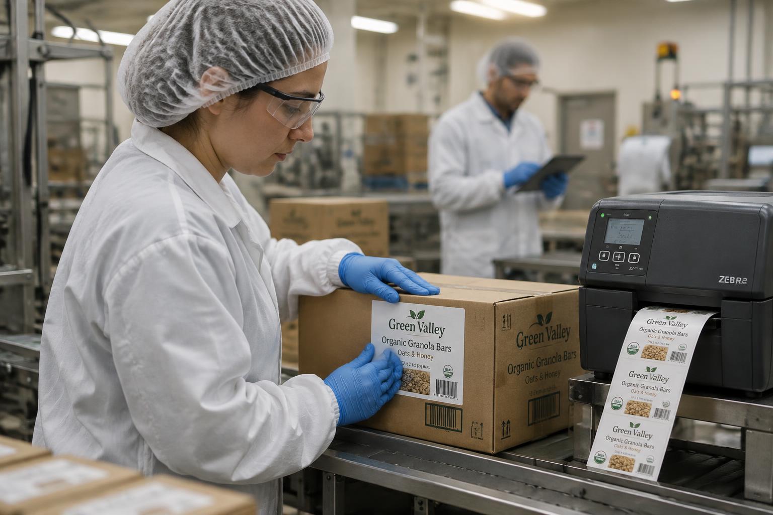 Operator in full protective clothing applying a printed label to a case beside an industrial label printer