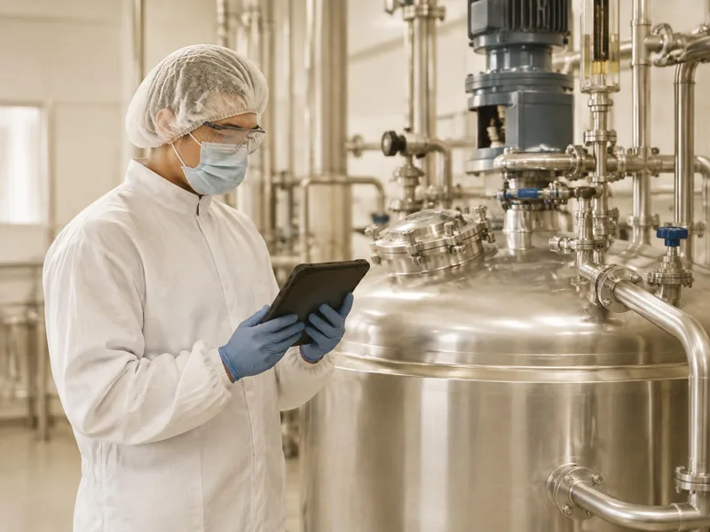 Lubricant blending technician in hair/beard covering as applicable, safety glasses, mask, protective coat and gloves holding a tablet beside a stainless steel blending vessel