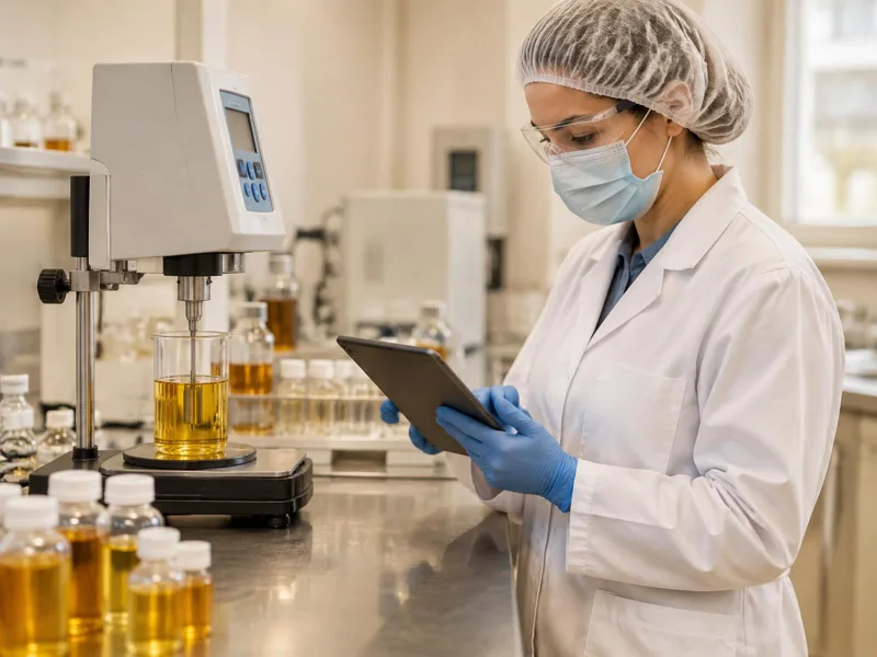 Laboratory analyst in hair/beard covering as applicable, safety glasses, mask, lab coat and gloves reviewing a viscosity measurement and oil samples on a tablet