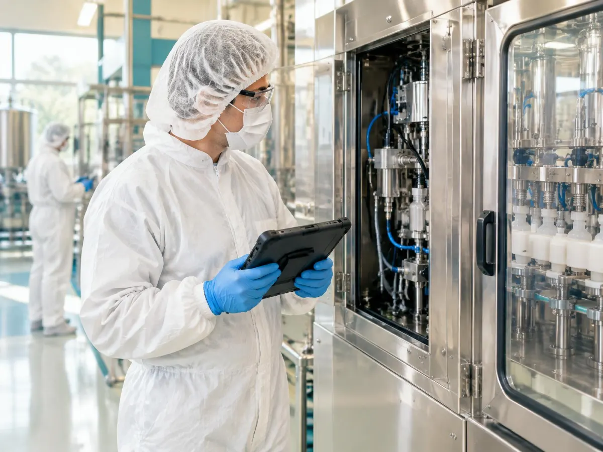 Maintenance technician in hairnet, mask, safety glasses, white coverall and gloves holding a rugged tablet beside the open service panel of a stainless filling machine, a colleague in the same protective clothing behind