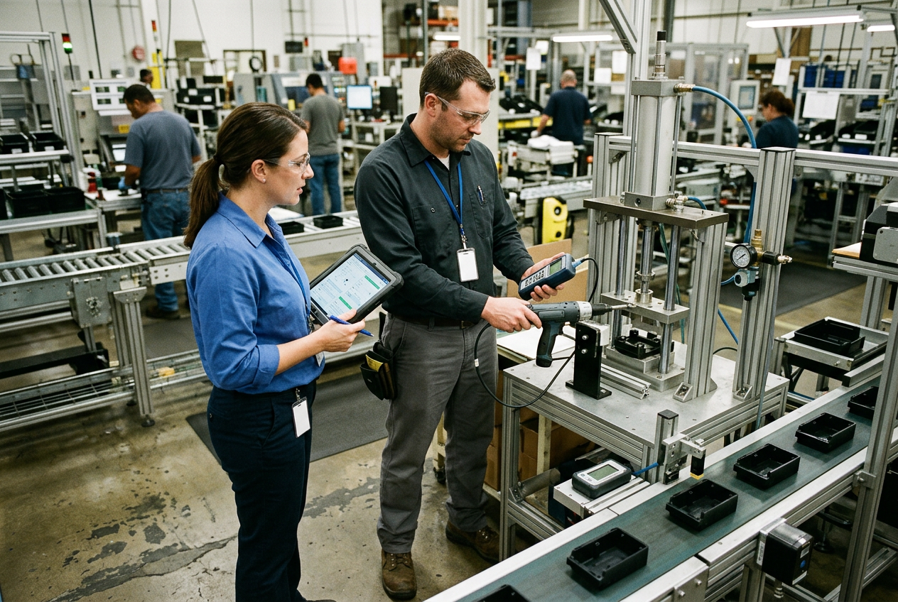 Maintenance technician in navy coveralls calibrating a smart torque driver against a torque analyzer at a metrology bench in a consumer products assembly facility