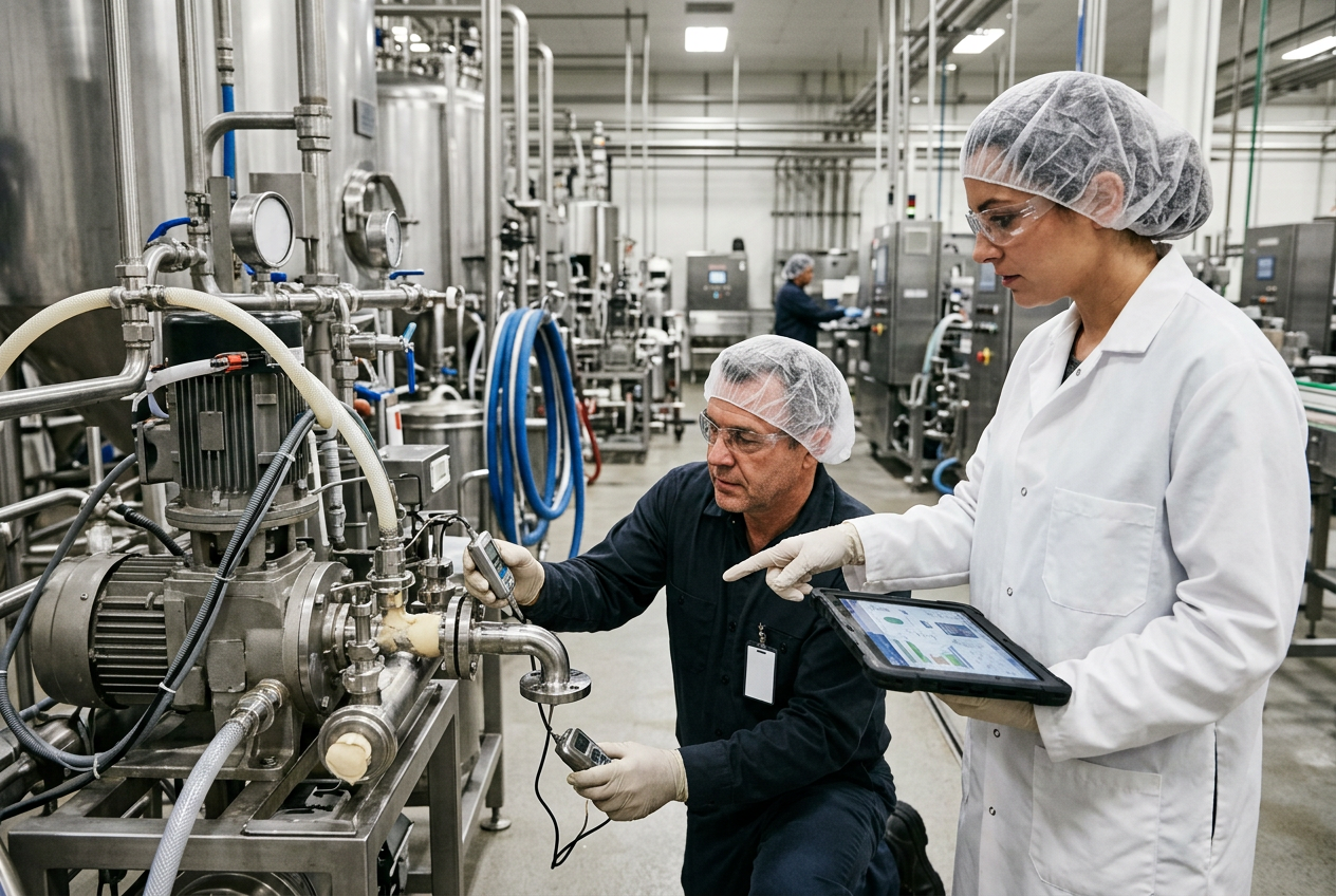 Maintenance engineer in navy coveralls servicing a stainless steel homogeniser and jacketed emulsion vessel with a torque wrench and tool trolley in a cosmetics production room