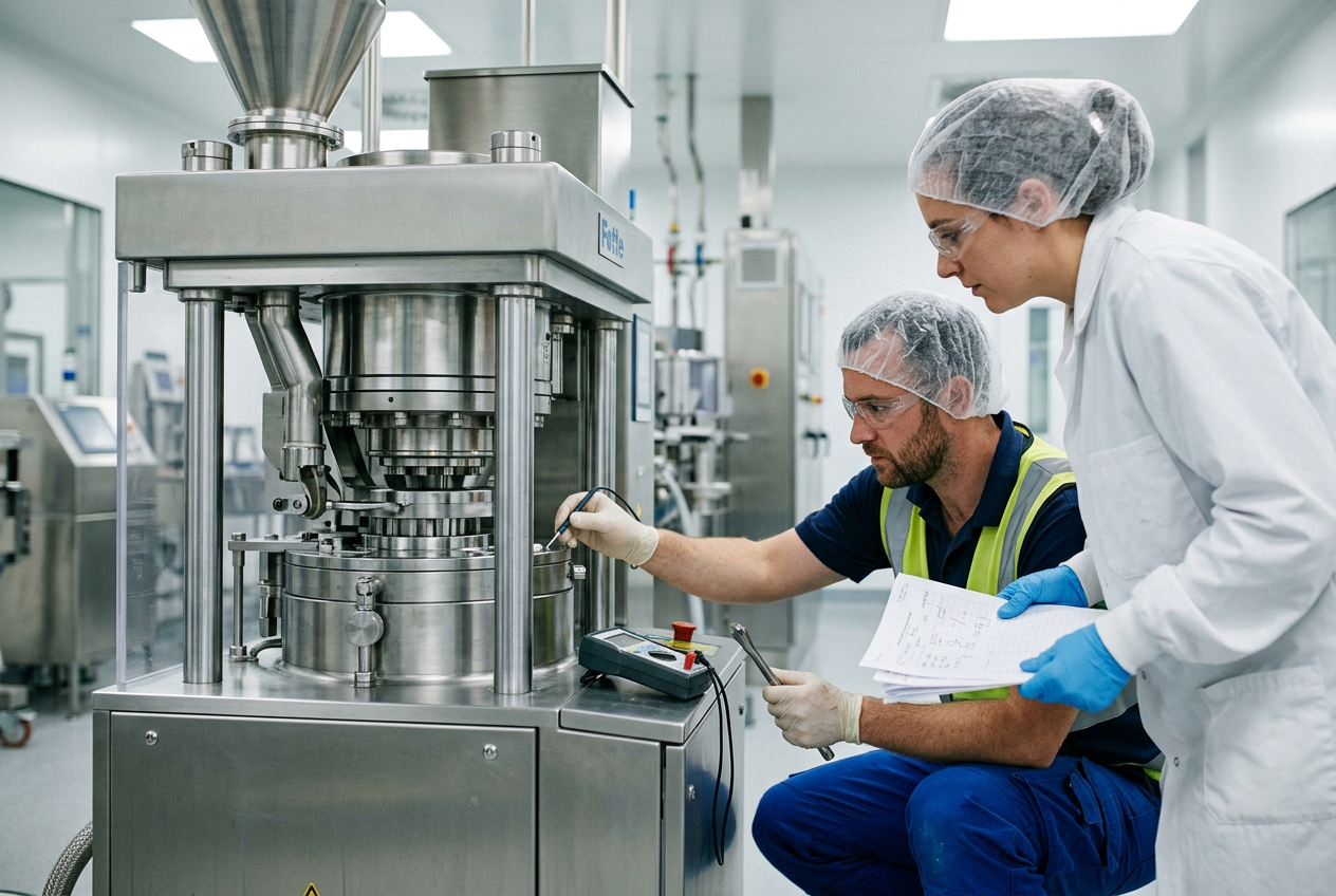 Maintenance engineer in navy coveralls and hairnet servicing a stainless steel granulation & compression line and cooling conveyor with a torque wrench and tool trolley in a clean veterinary pharma production room