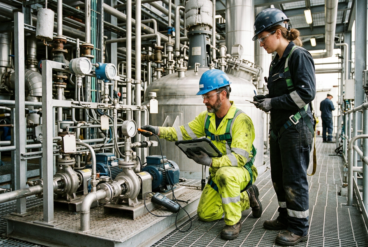 Maintenance engineer in coveralls and hard hat servicing a stainless steel jacketed reactor and agitator with a calibrated torque wrench and tools on a stainless trolley in a specialty chemicals plant