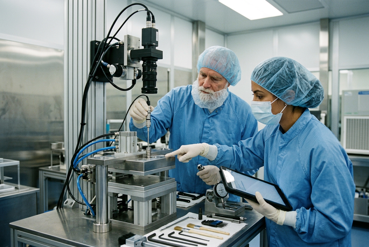 Maintenance engineer in a cleanroom smock working on precision production equipment in a medical device factory, injection-molding machine visible in background