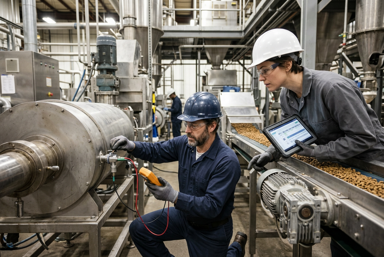 Maintenance engineer in navy coveralls and hairnet servicing a stainless steel twin-screw extruder and cooling conveyor with a torque wrench and tool trolley in a clean pet food production room