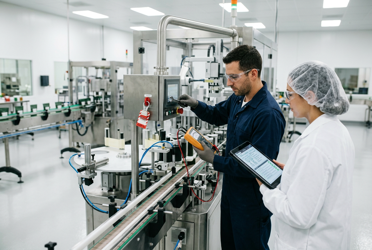 Cannabis maintenance engineer in white coverall calibrating a precision analytical balance in a clean lab with a wooden calibration weight case and HPLC instrument in background