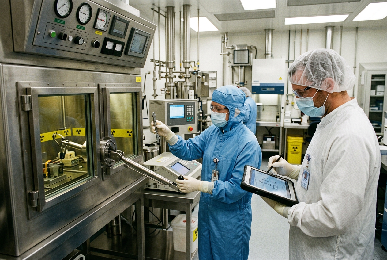 Maintenance engineer inspecting a shielded medical cyclotron in a concrete vault