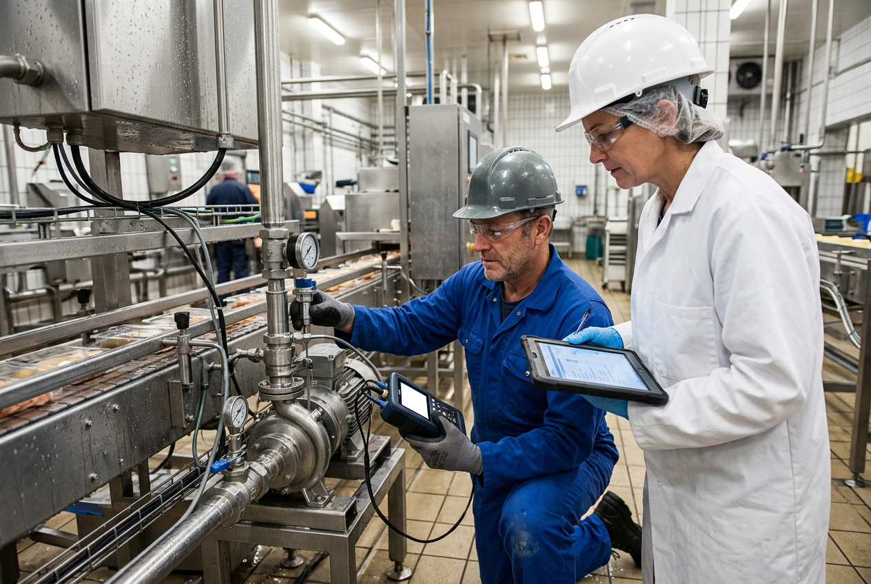 Maintenance engineer in navy coveralls and hairnet servicing a stainless steel food conveyor and metal detector with a torque wrench and tool trolley in a food processing production room