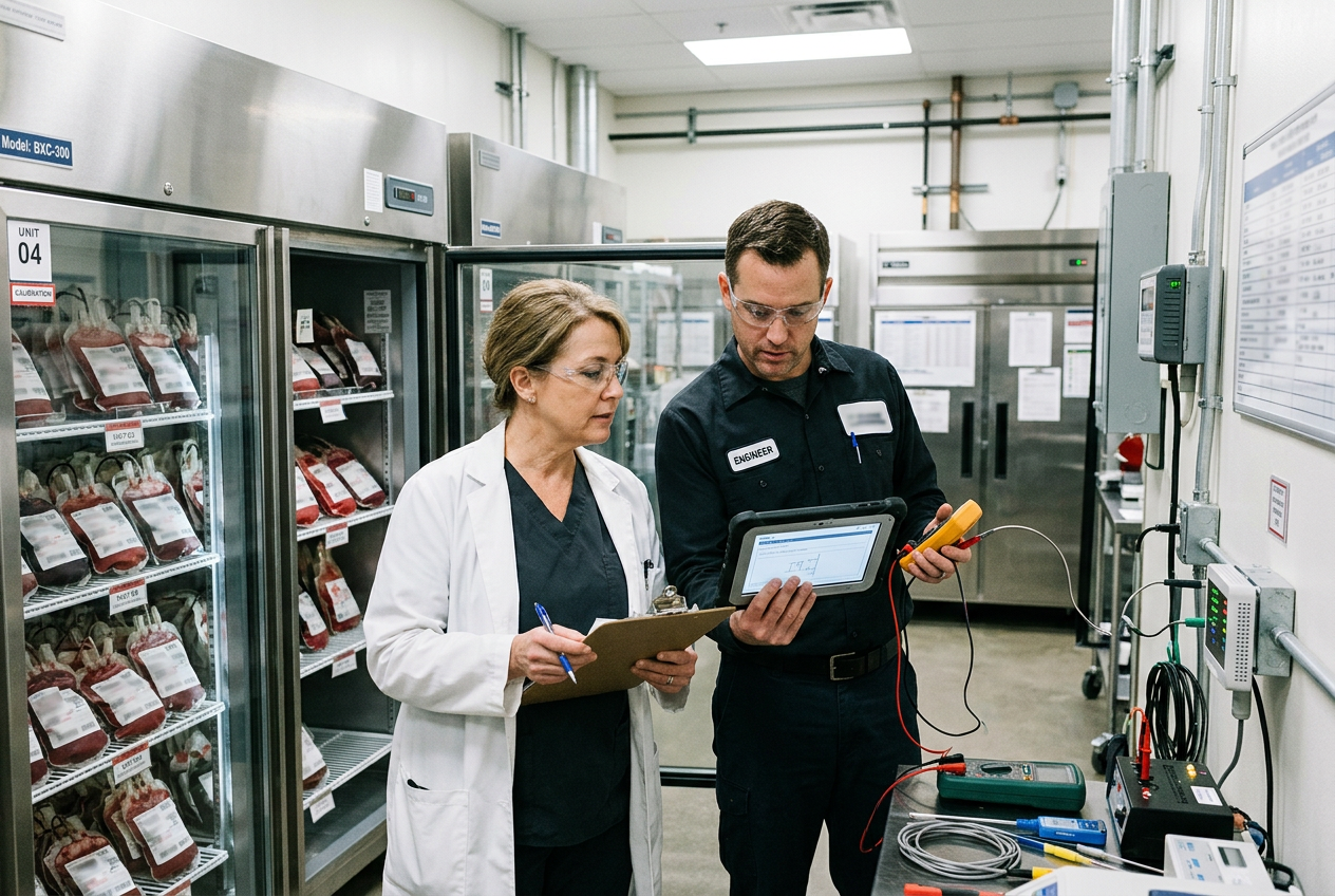 Maintenance engineer calibrating a blood bank refrigerator with a NIST-traceable temperature probe and stored blood units visible on the shelves