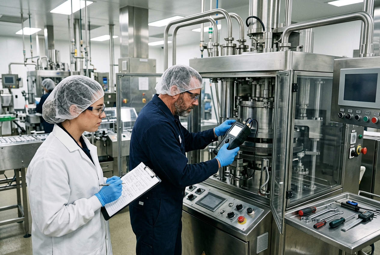 Pharmaceutical maintenance engineer in cleanroom smock and hairnet servicing a stainless steel rotary tablet press with calibrated torque wrench and tooling on a stainless trolley
