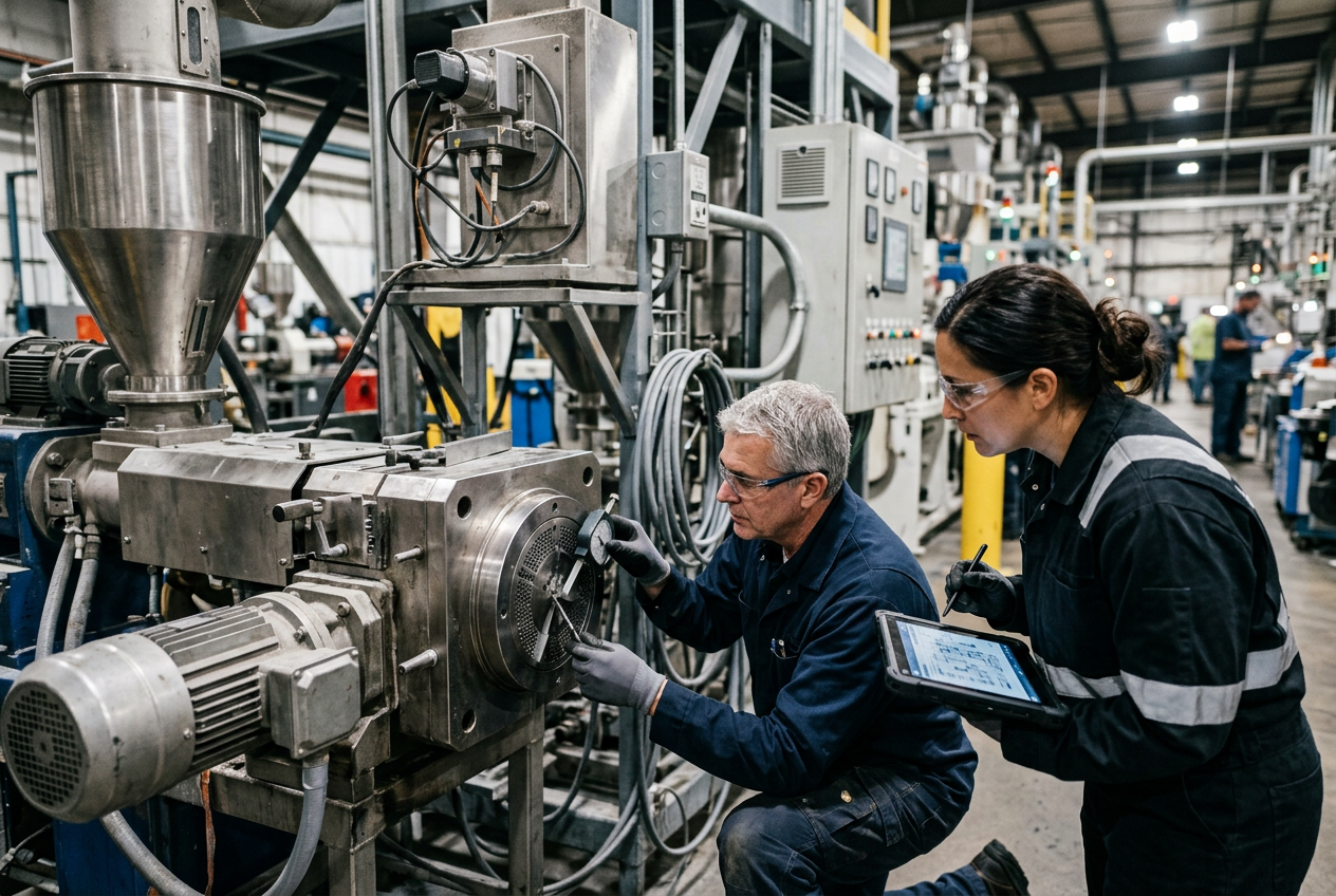 Maintenance engineer in navy coveralls and safety glasses servicing a stainless steel twin-screw compounding extruder and pelletizer with a torque wrench and tool trolley in a clean plastics production room