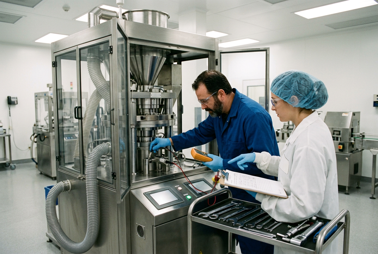 Maintenance engineer in navy coveralls servicing a stainless steel rotary tablet press with a torque wrench and tool trolley in a supplements production room