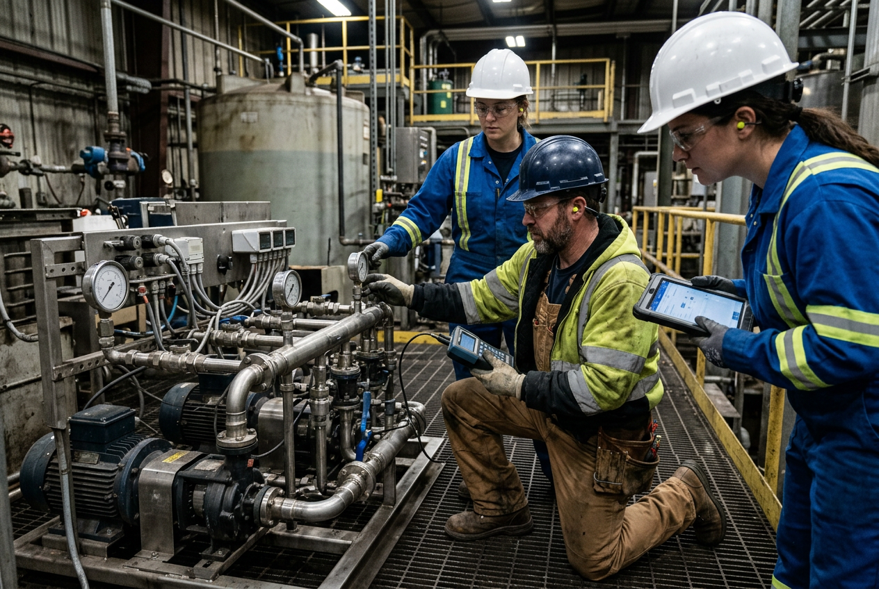 Maintenance engineer in coveralls and hard hat servicing a stainless steel jacketed reactor and agitator with a calibrated torque wrench and tools on a stainless trolley in a crop-protection plant