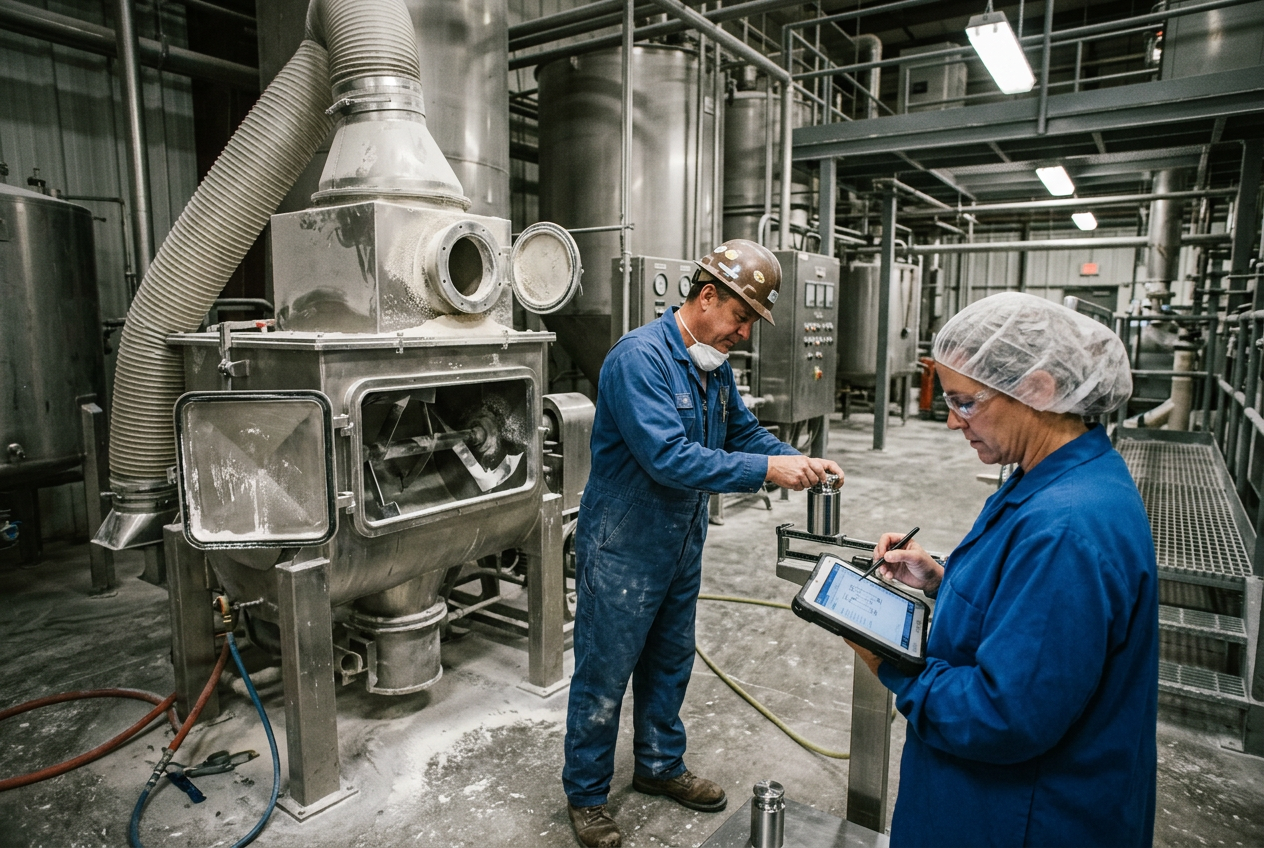 Maintenance engineer in navy coveralls and hairnet servicing a stainless steel ribbon blender and sifter with a torque wrench and tool trolley in a clean dry-blend production room