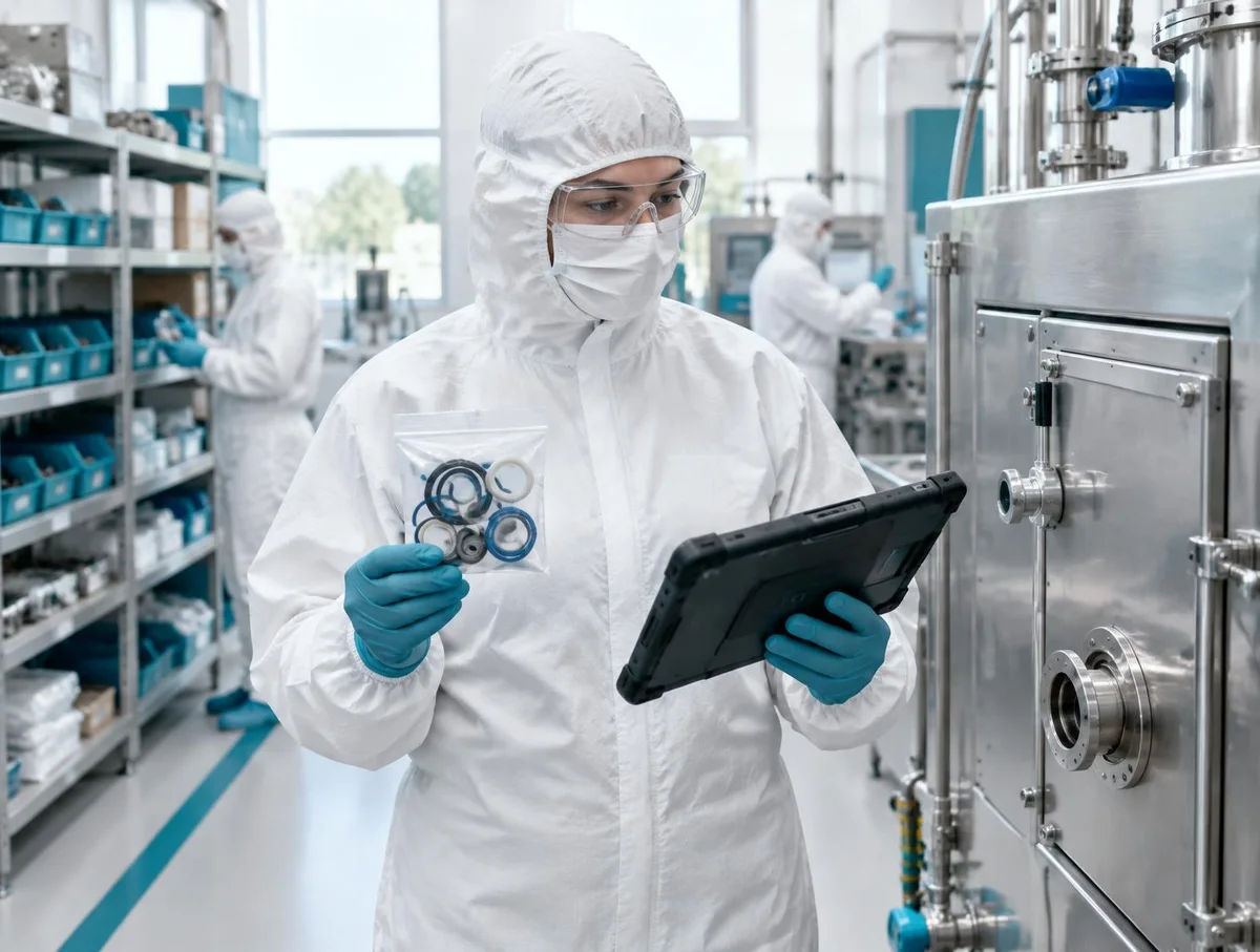 Maintenance technician in hood, mask, glasses, coveralls and gloves comparing a replacement seal kit with a tablet beside a filler