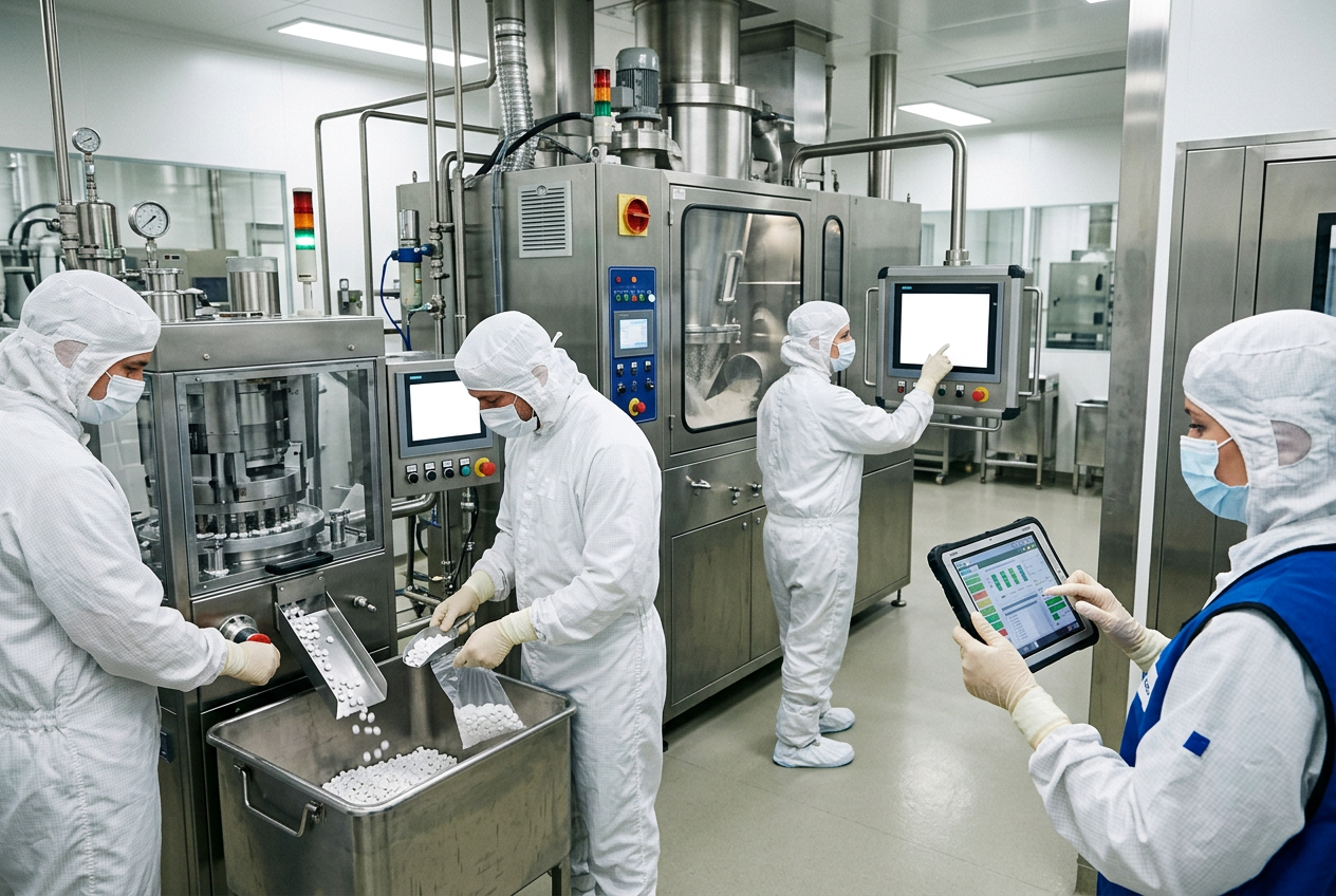 Pharmaceutical granulation and blending suite: stainless steel fluid bed granulator and V-blender with a gowned operator in a cleanroom bunny suit adjusting the discharge