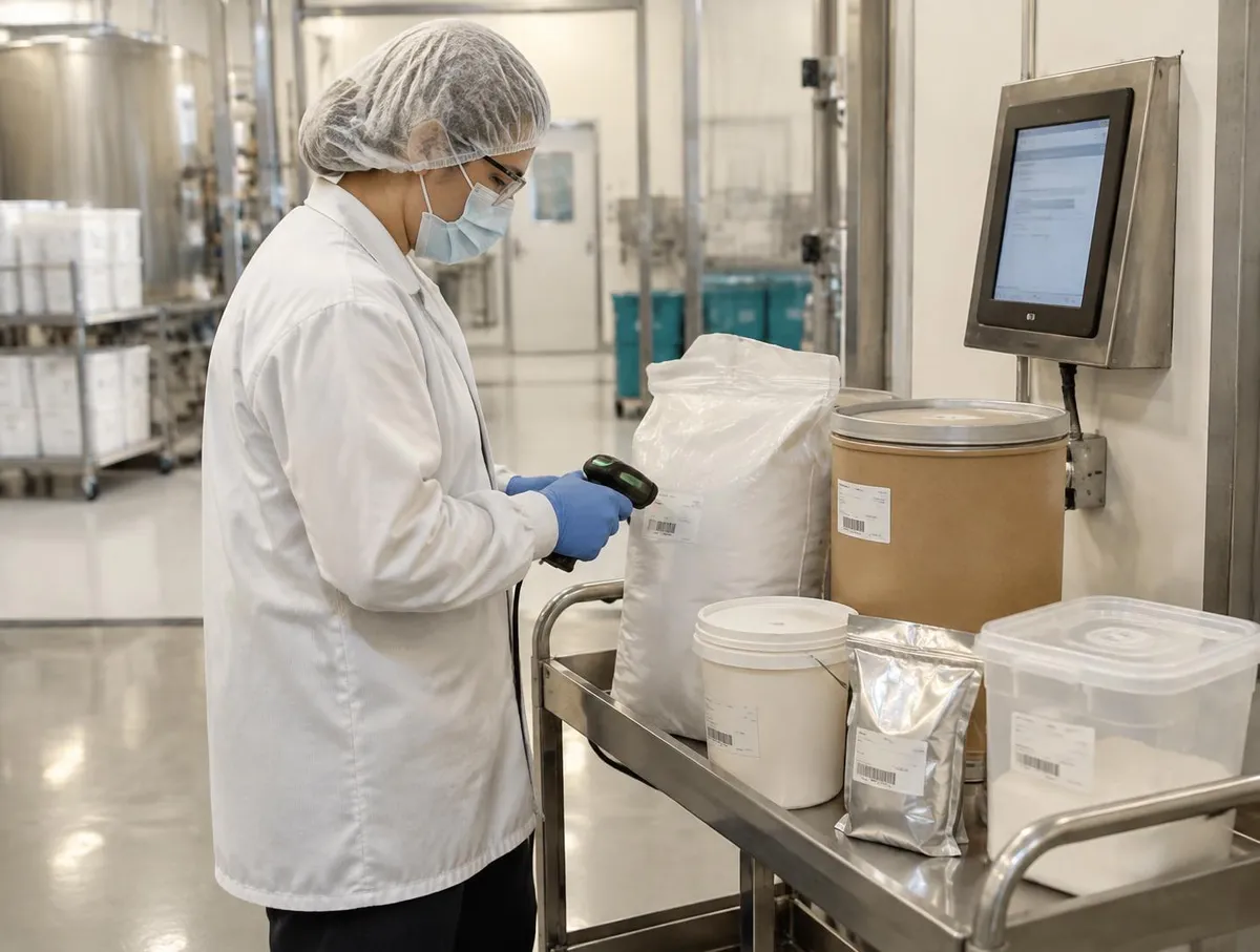 Operator in hair cover, mask, safety glasses, white coat and gloves scanning a lot label on an ingredient sack on a kitting cart beside a kiosk screen