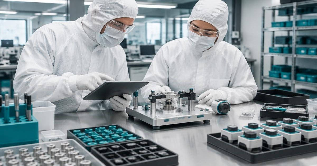 Engineering and production colleagues reviewing device assembly readiness