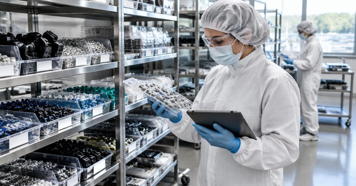 Protected manufacturing colleague checking component inventory with a tablet