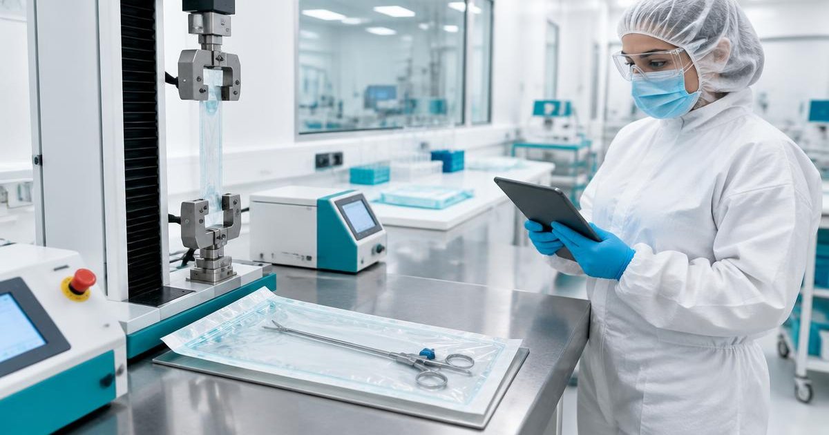 Technician reviewing device packaging beside seal-strength test equipment