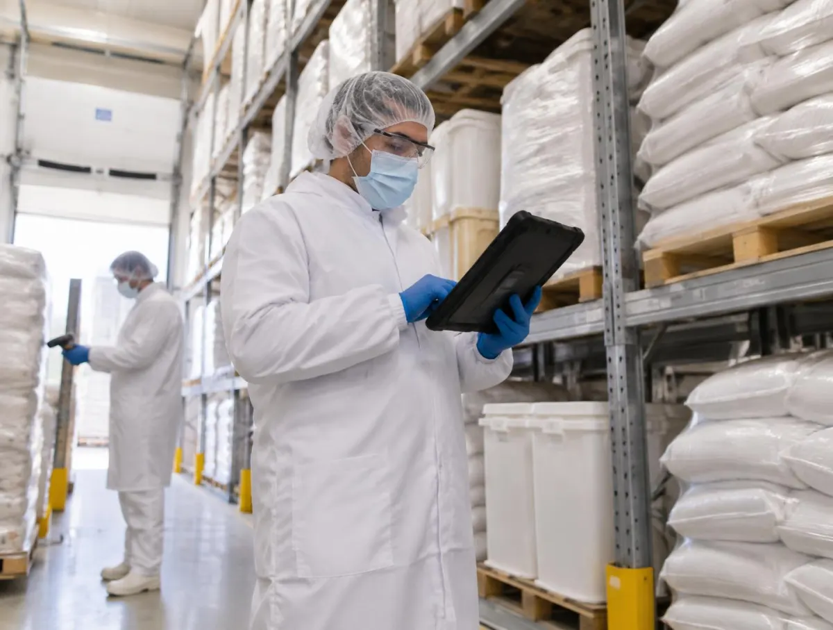 Materials planner in hair cover, mask, safety glasses, white coat and gloves checking a rugged tablet beside racking of sealed sacks and tubs, with a colleague scanning a pallet behind
