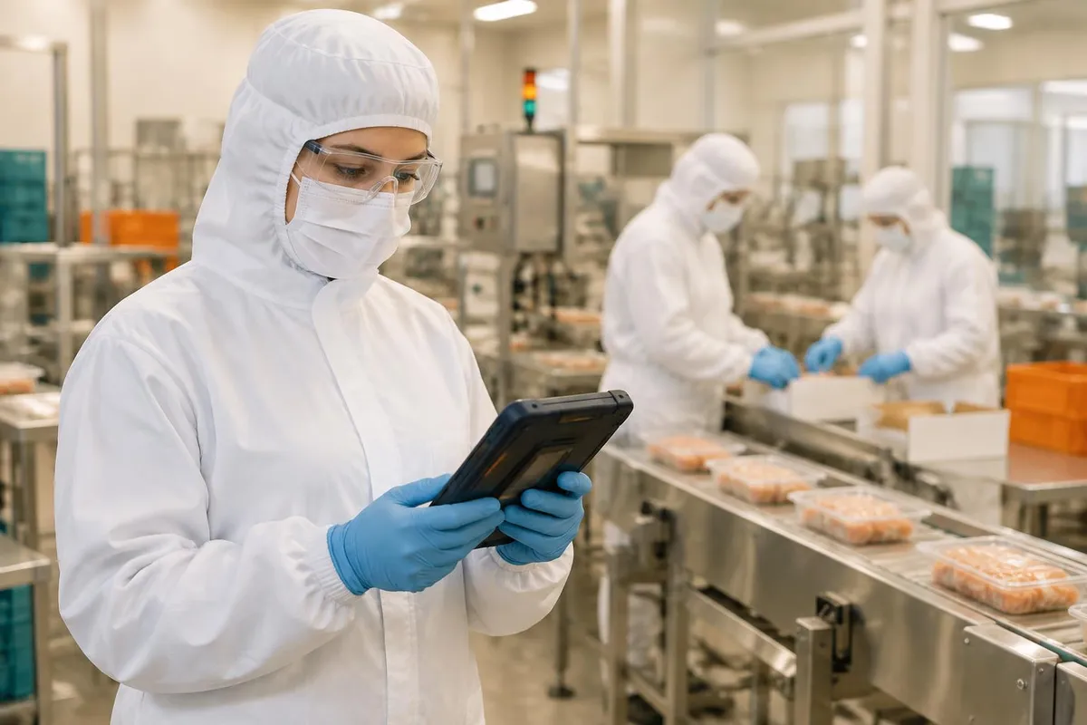 Quality technician in a white hood, mask, safety glasses, coverall and blue gloves reading an alert on a rugged tablet beside a packing line, two colleagues in the same protective clothing behind