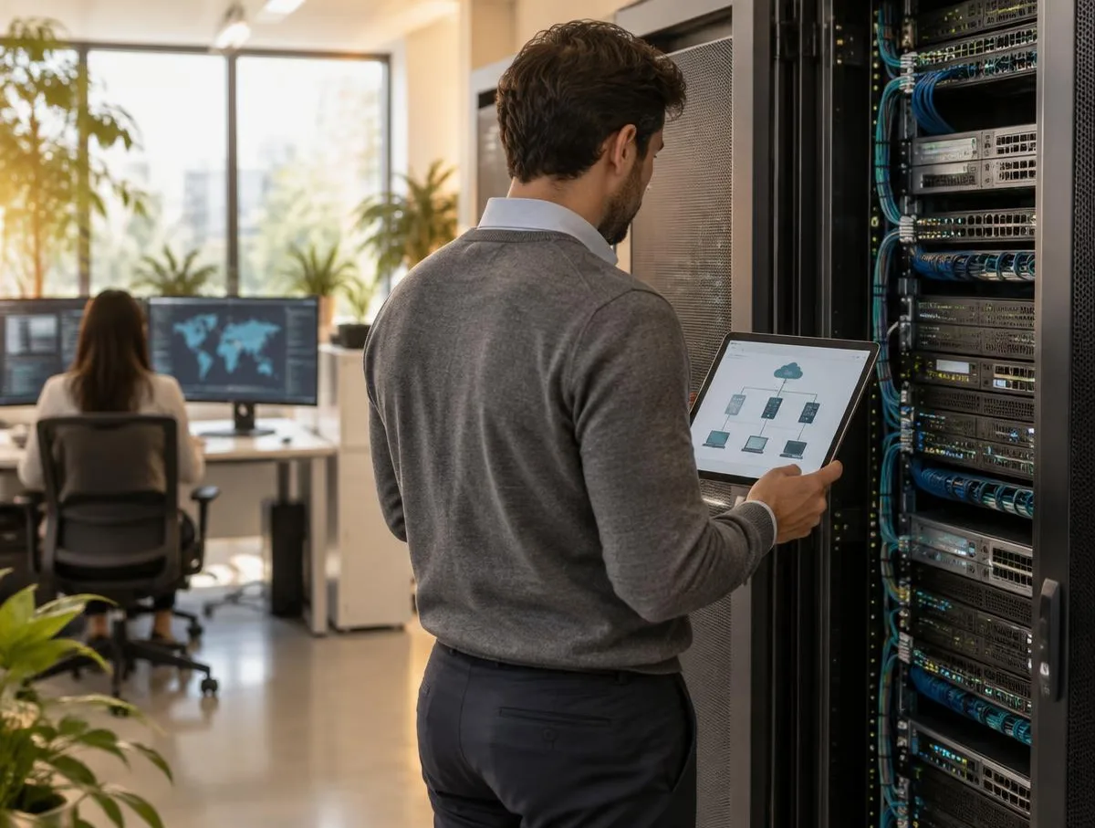 IT engineer in a sweater checking a network diagram on a tablet beside an open server rack in a bright company data room, a colleague working at monitors behind