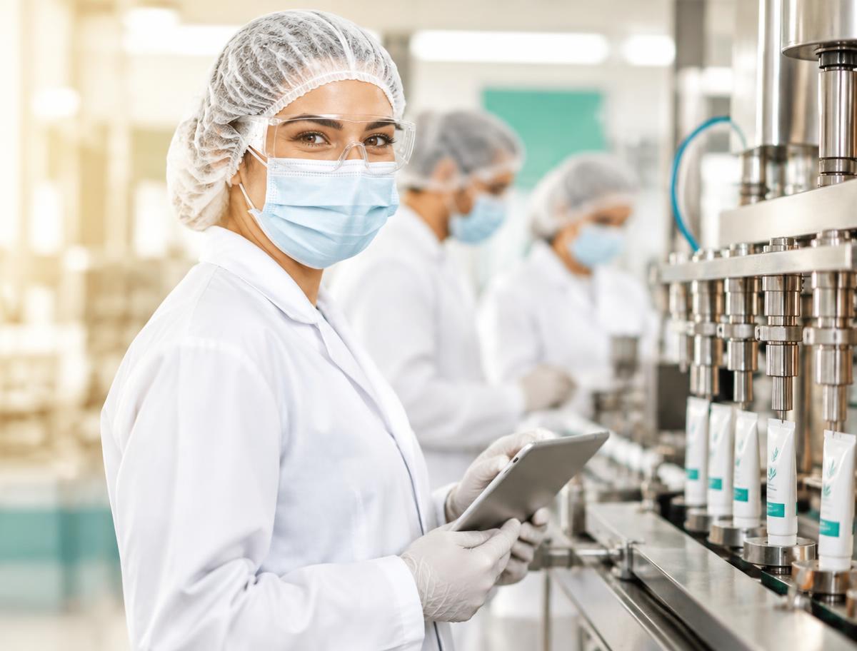 Smiling otc topical creams & gels team member in full protective clothing using a tablet on the production floor