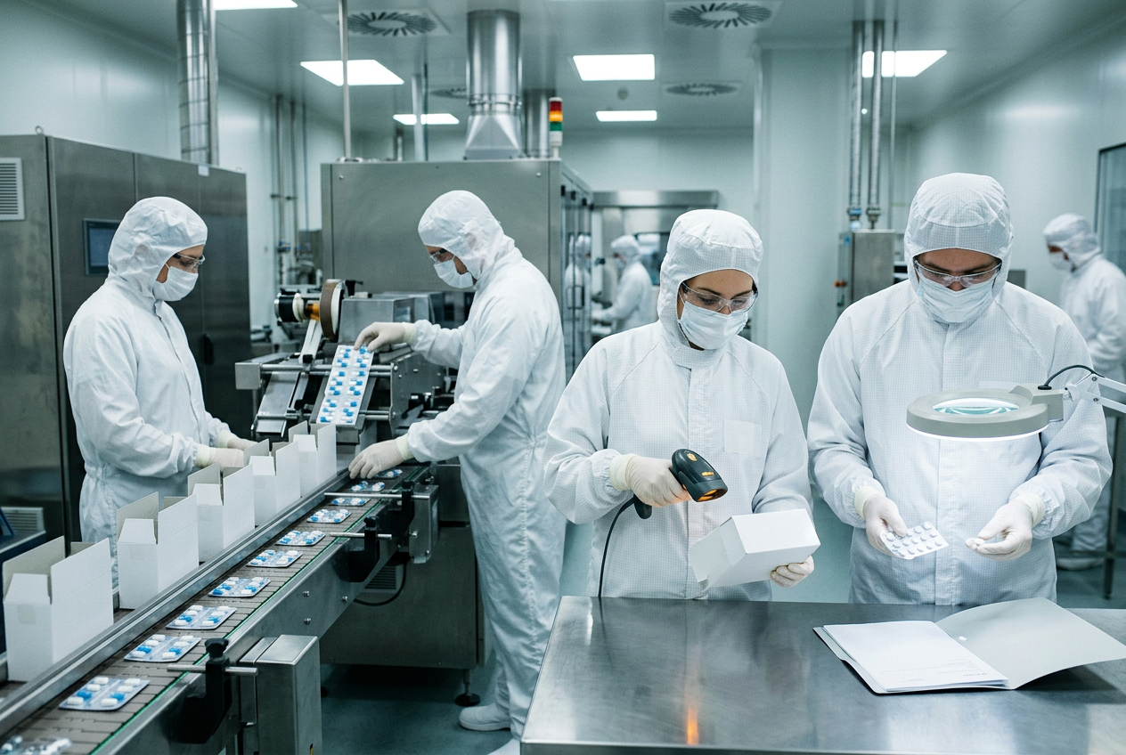 Pharmaceutical blister packaging and serialization line with vision inspection camera and thermal transfer printer over the line, gowned operator monitoring
