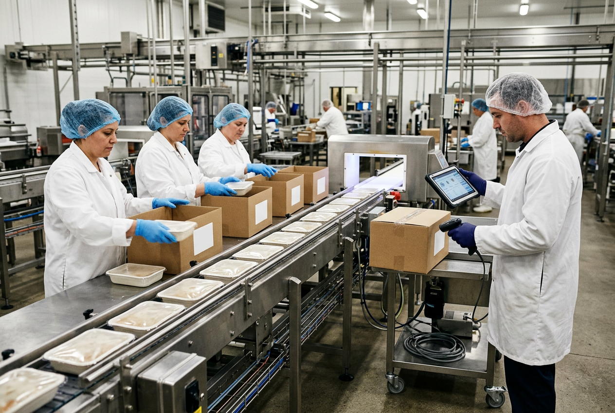 Automated food packaging line filling and sealing plastic tubs of prepared food with a print-and-apply Nutrition Facts labeller and overhead vision inspection camera in a clean production room