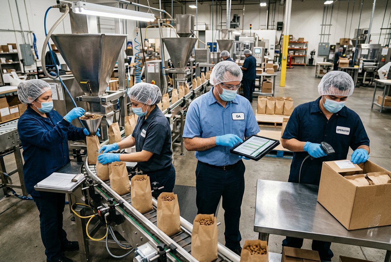 Pet food bagging line filling a 30-lb printed poly bag of dry kibble on a checkweigher with a print-and-apply thermal label showing lot code, best-by date and guaranteed analysis