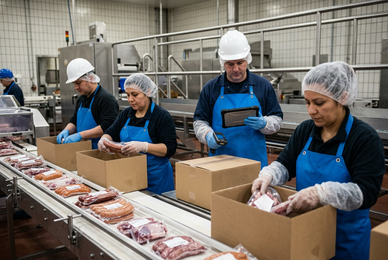 USDA meat packaging line filling a 10-lb vacuum pack of smoked sausage links on a checkweigher and X-ray with a print-and-apply thermal label showing establishment number, lot code, safe-handling statement and Nutrition Facts