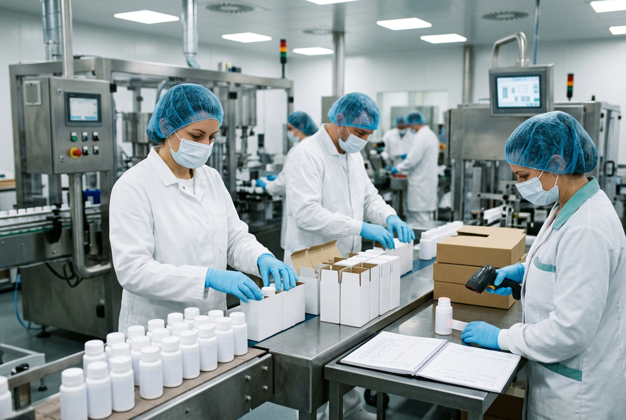 Veterinary pharmaceutical bottle-filling and induction-seal capping line filling a 500-count HDPE bottle of coated canine chewable tablets with a print-and-apply thermal label showing lot number, expiry date, NADA number and withdrawal time