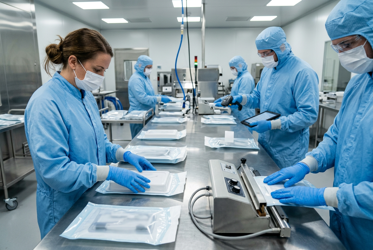 Medical device sterile packaging line: gloved operator sealing a Tyvek sterile-barrier pouch on a validated heat sealer next to a thermal transfer label printer