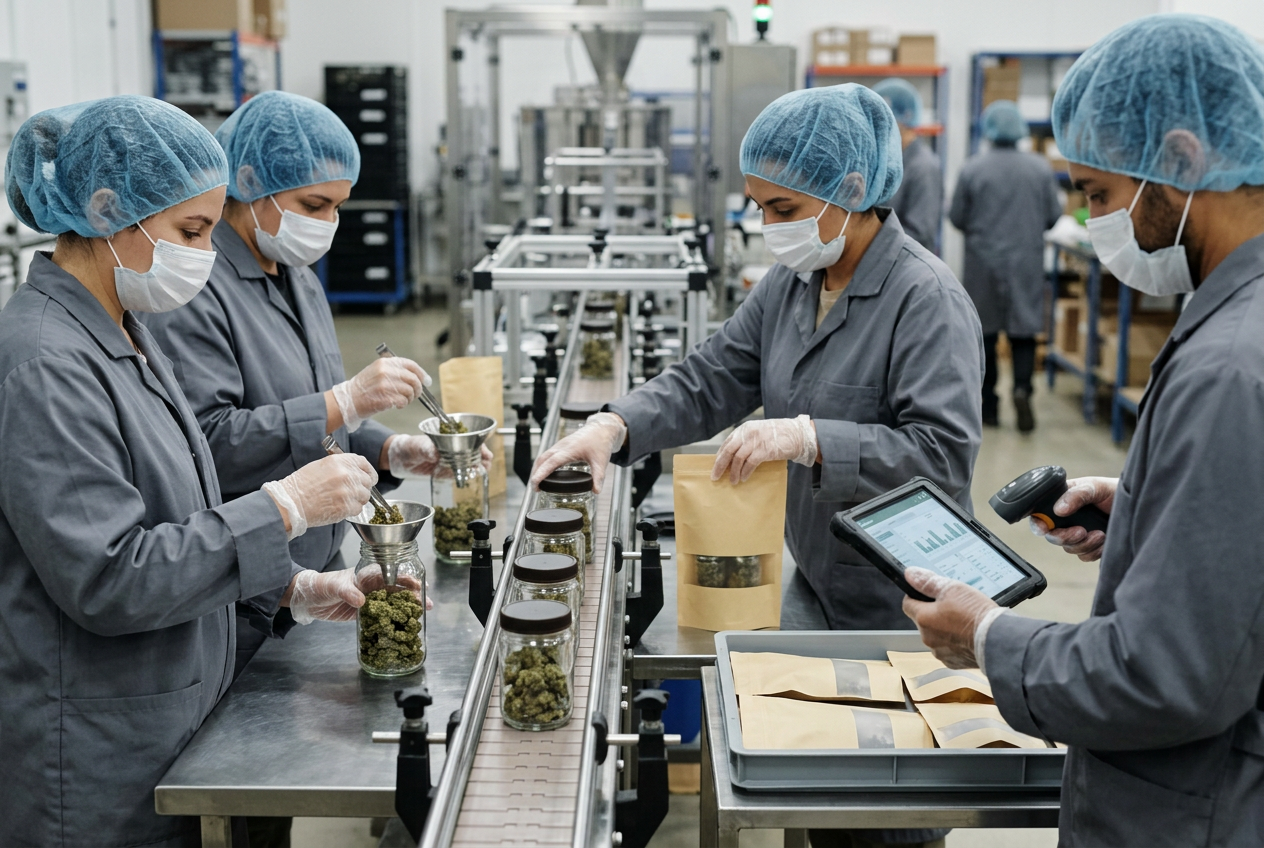 Gowned cannabis packaging operator filling child-resistant black glass jars of dried cannabis flower on a conveyor with a thermal transfer label printer applying labels with QR codes