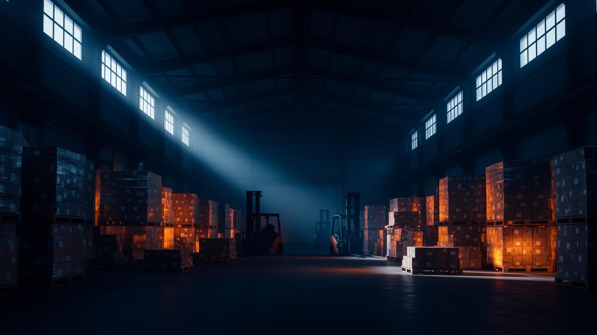 V5 Ultimate perpetual pallet management — warehouse pallets, forklifts and dock loading at dusk