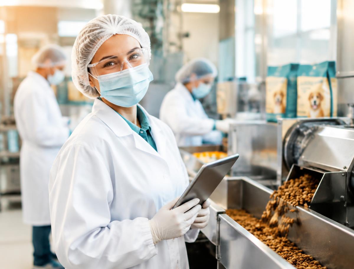Smiling pet food team member in full protective clothing using a tablet on the production floor