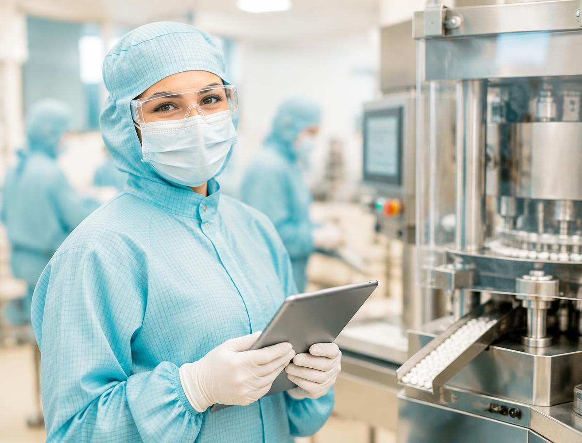 Smiling pharmaceutical team member in full protective clothing using a tablet on the production floor