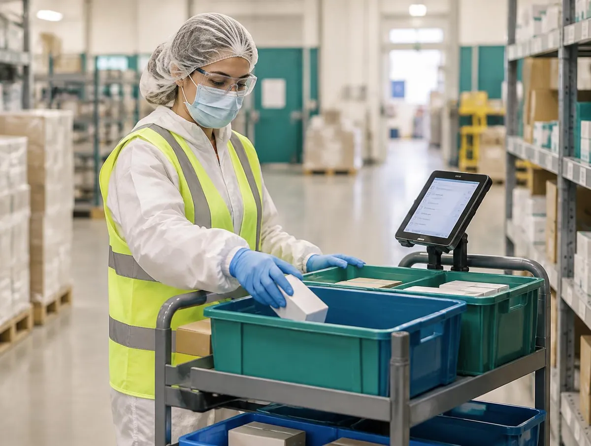 Operator in hair cover, mask, safety glasses, protective suit, hi-vis vest and gloves placing a carton into a tote on a picking cart with a mounted tablet