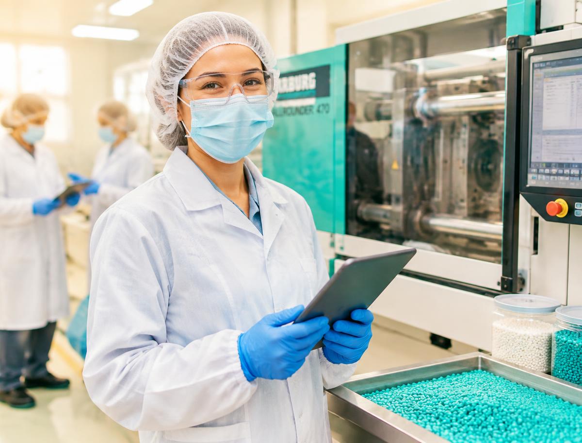 Smiling plastics & resins team member in full protective clothing using a tablet on the production floor